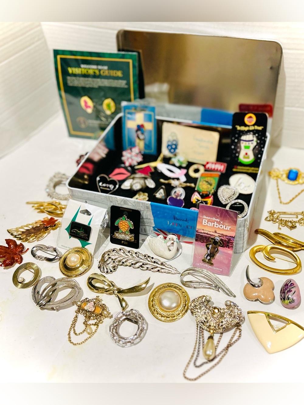 Vintage Brooch Pin Lot Grab Bag Bundle with Collectible Harrods of London Tin
